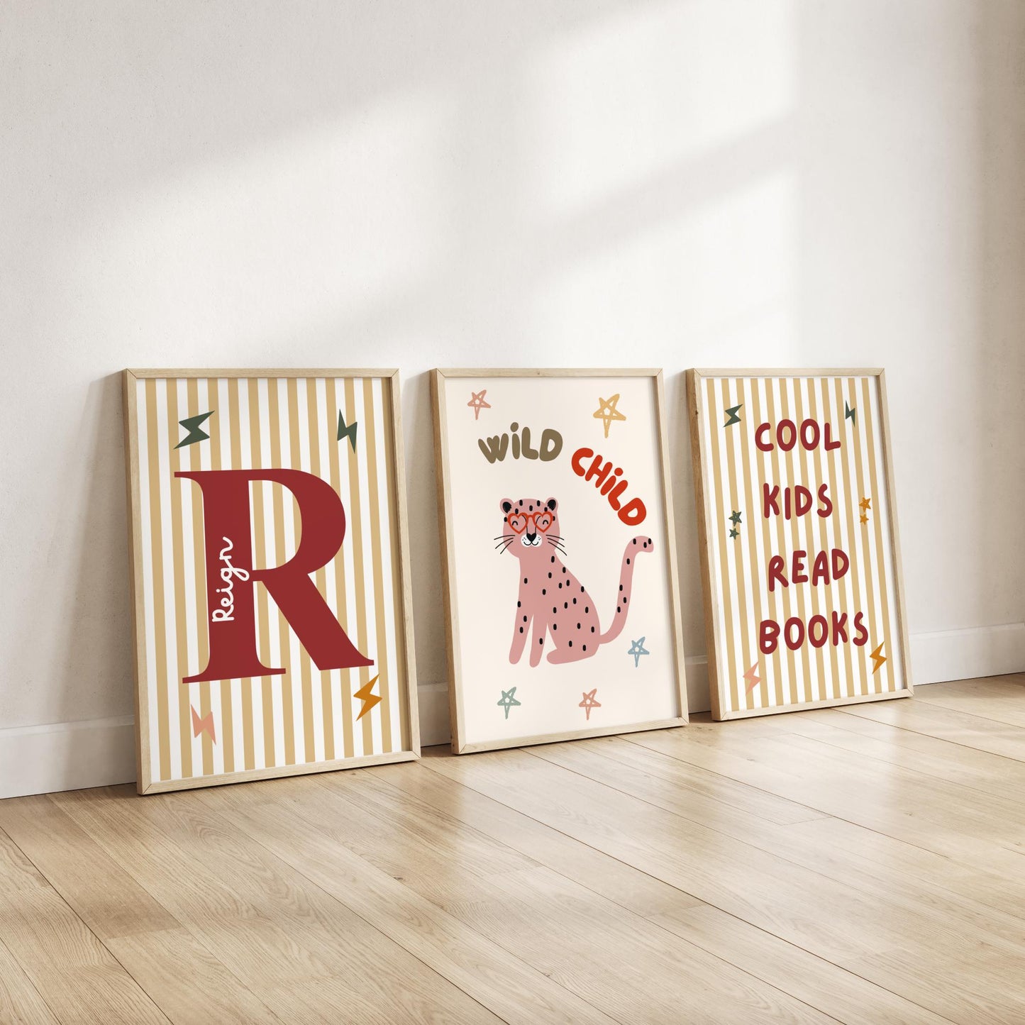 Set of personalised "cool kids read books" scandi wall prints for childrens bedroom or playroom