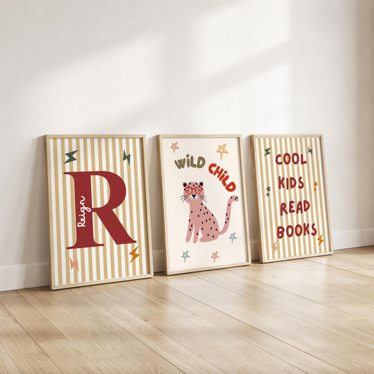 Set of personalised "cool kids read books" scandi wall prints for childrens bedroom or playroom