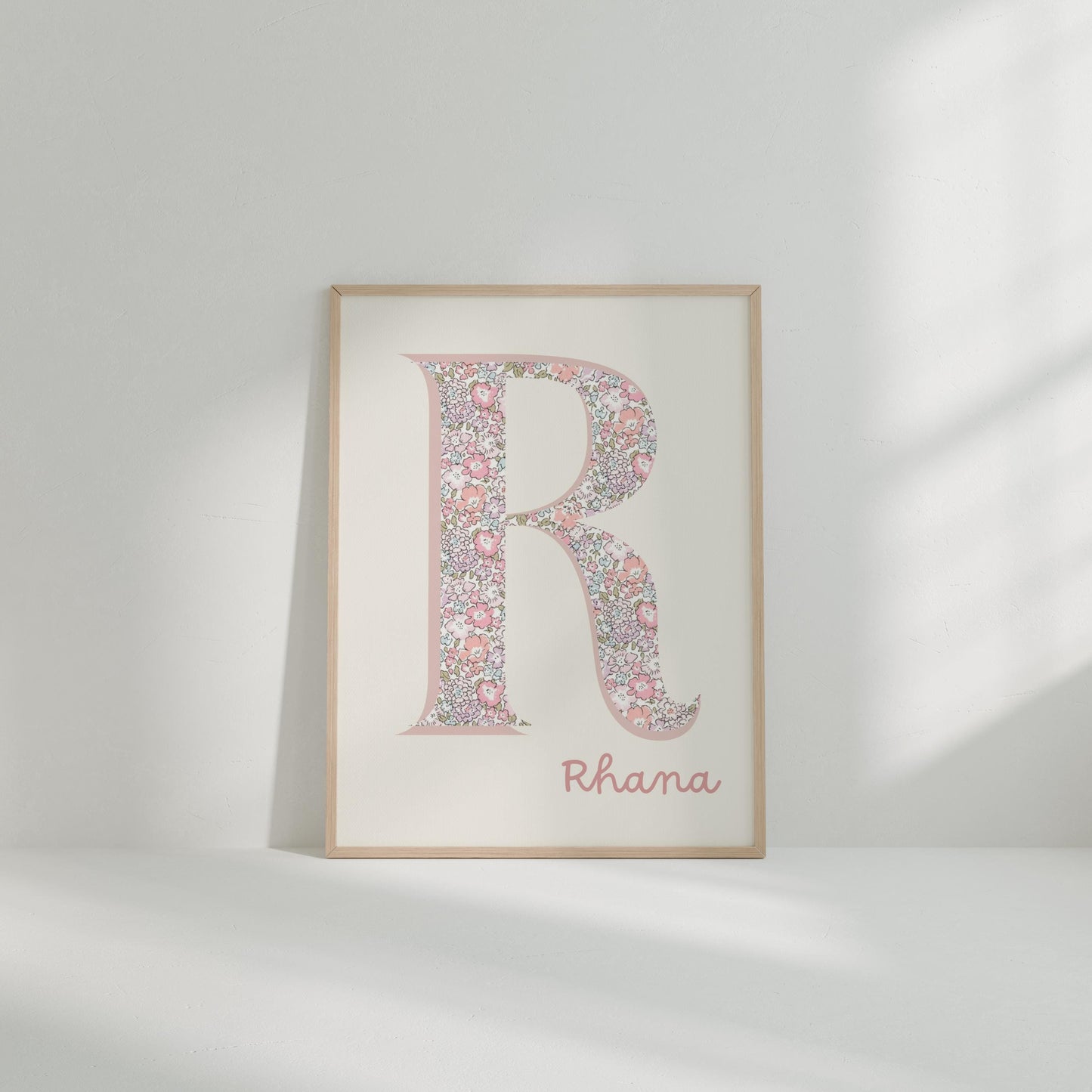 girls floral personalised initial and name wall print for nursery, bedroom or playroom