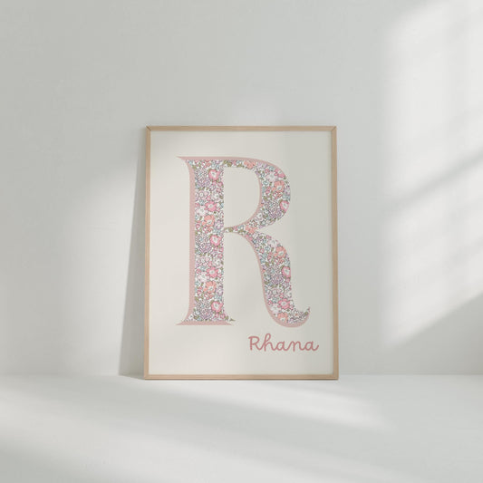 girls floral personalised initial and name wall print for nursery, bedroom or playroom