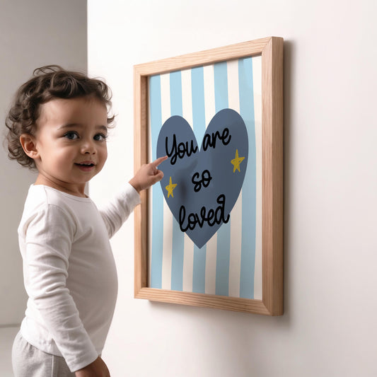 You Are So Loved  Striped Heart Nursery Print, Whimsical Kids Wall Art