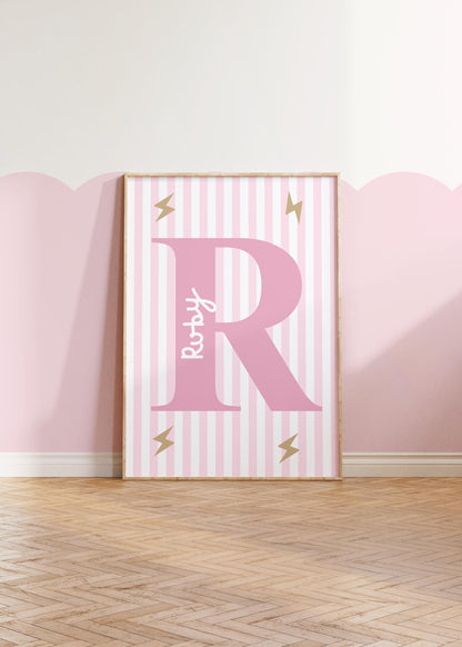 girls pink initial and name striped wall print for bedroom, nursery or playroom