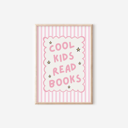cool kids read books pink girls wall print for childrens bedroom, nursery or playroom