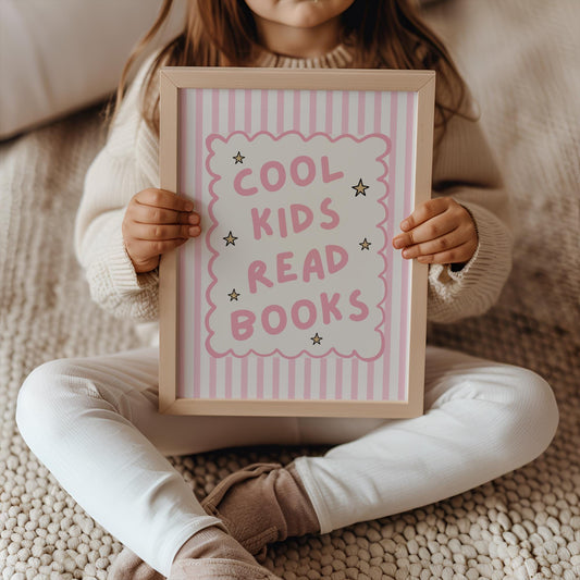 cool kids read books pink girls wall print for childrens bedroom, nursery or playroom