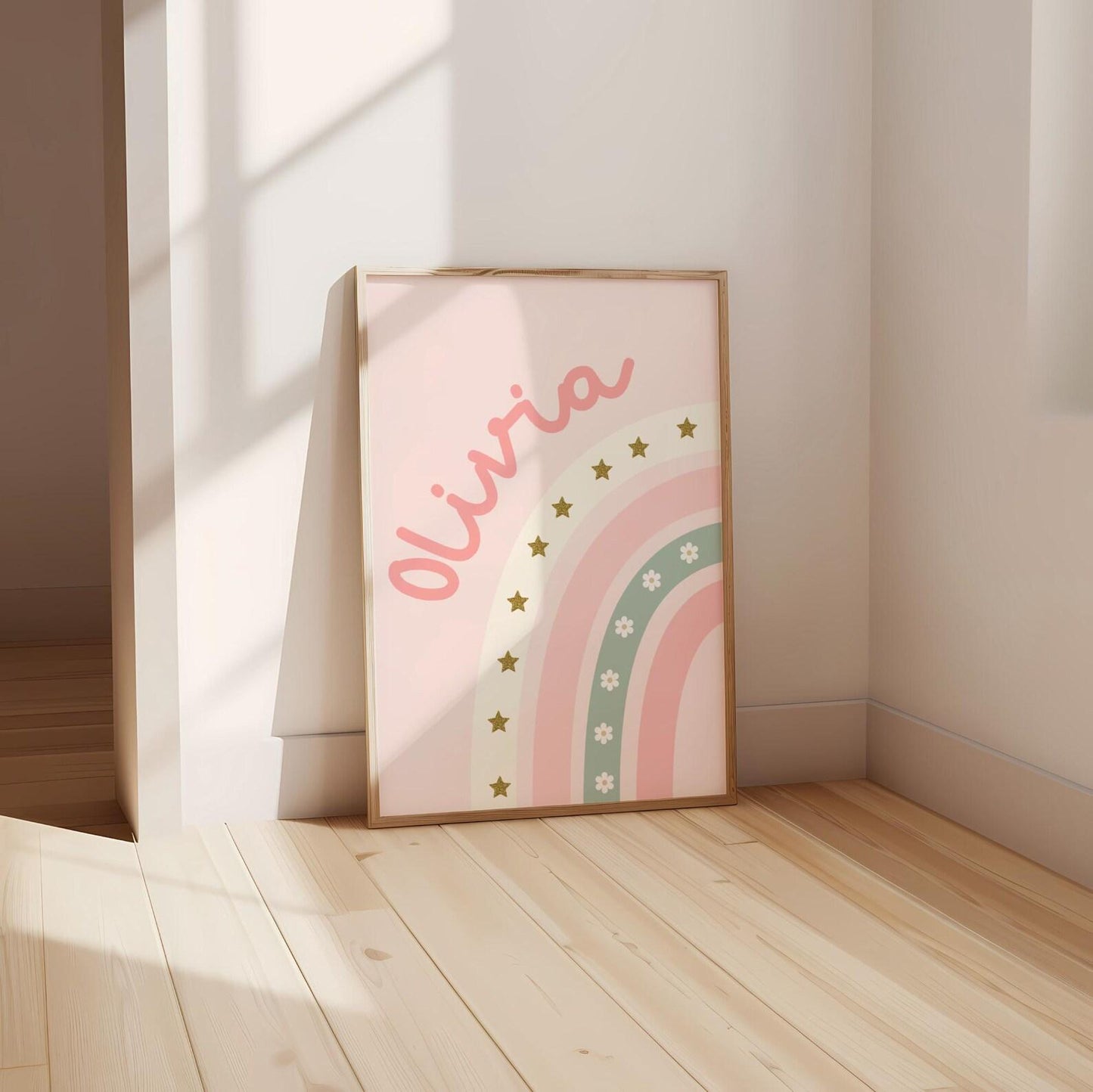 girls personalised rainbow and star walll print for bedroom or nursery