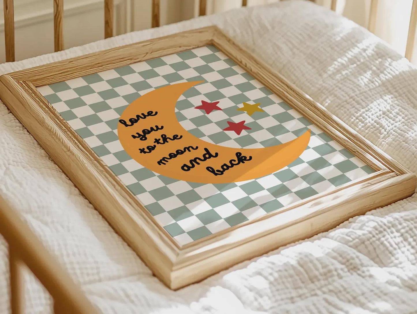 Love You to the Moon and back Print, green checkered Border Nursery Decor