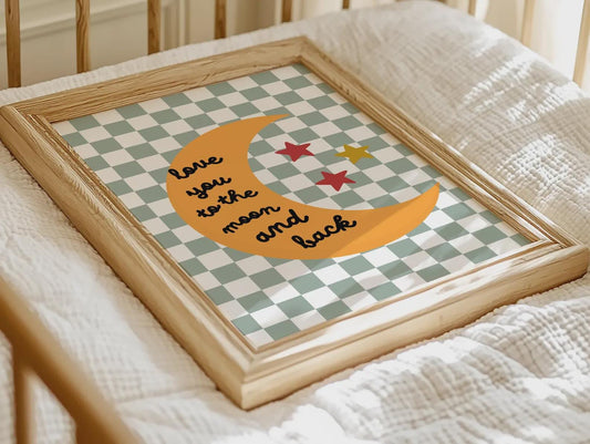 Love You to the Moon and back Print, green checkered Border Nursery Decor