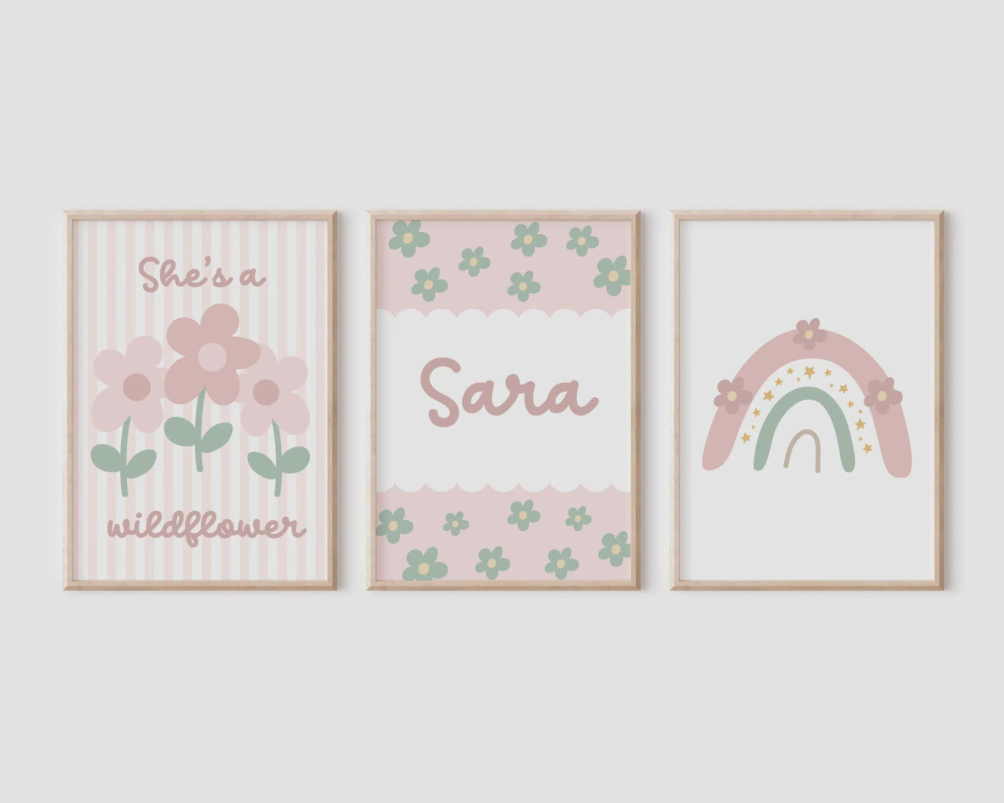 set of 3 personalised girls rainbow whimsical floral designs for bedroom, nursery or playroom