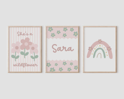 set of 3 personalised girls rainbow whimsical floral designs for bedroom, nursery or playroom