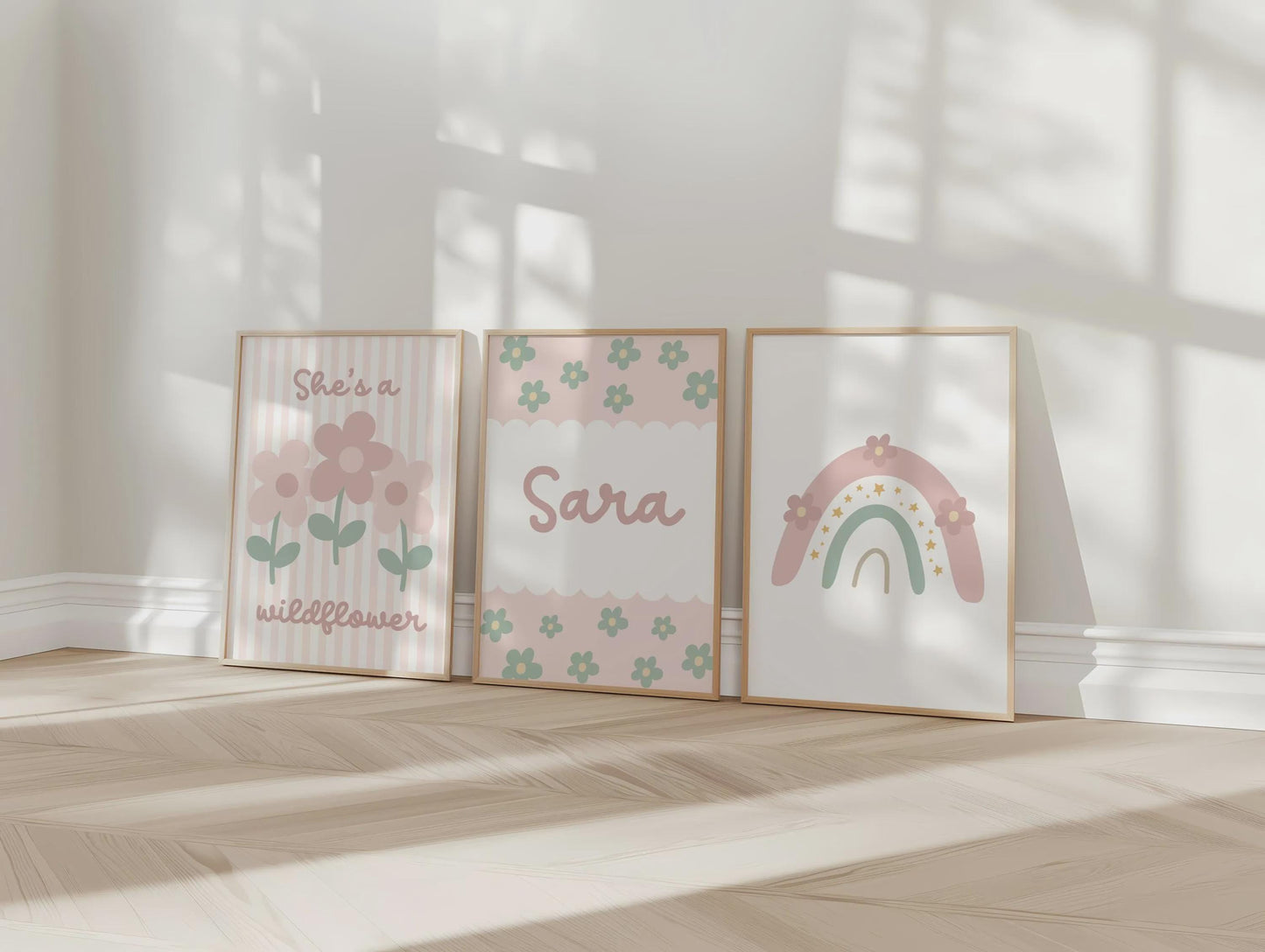 set of 3 personalised girls rainbow whimsical floral designs for bedroom, nursery or playroom