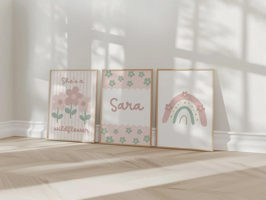 set of 3 personalised girls rainbow whimsical floral designs for bedroom, nursery or playroom