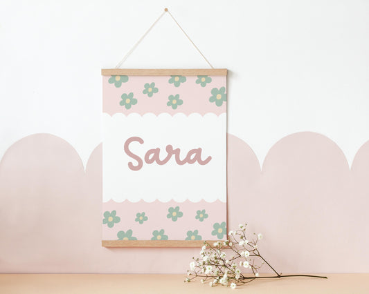 girls personalised name floral daisy wall print for bedroom or nursery