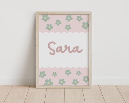 girls personalised name floral daisy wall print for bedroom or nursery