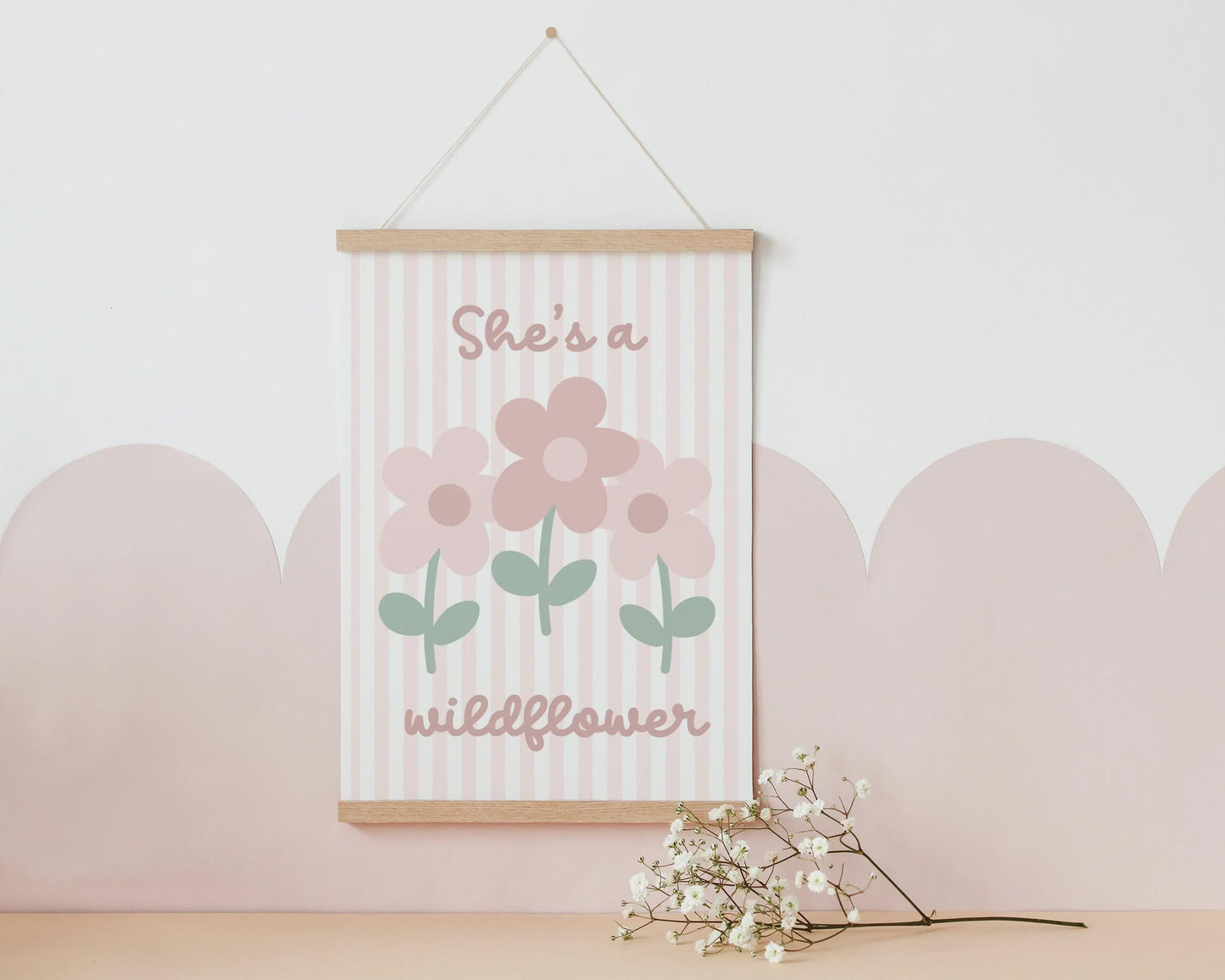 she's a wildflower floral striped wall  print for girls bedroom, nursery or playroom, childrens wall decor, pastel colour art