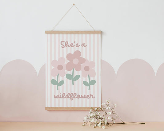 she's a wildflower floral striped wall  print for girls bedroom, nursery or playroom, childrens wall decor, pastel colour art