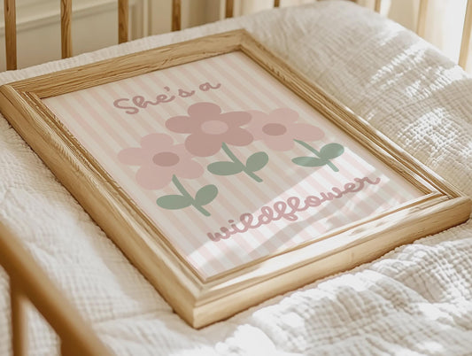 she's a wildflower floral striped wall  print for girls bedroom, nursery or playroom, childrens wall decor, pastel colour art