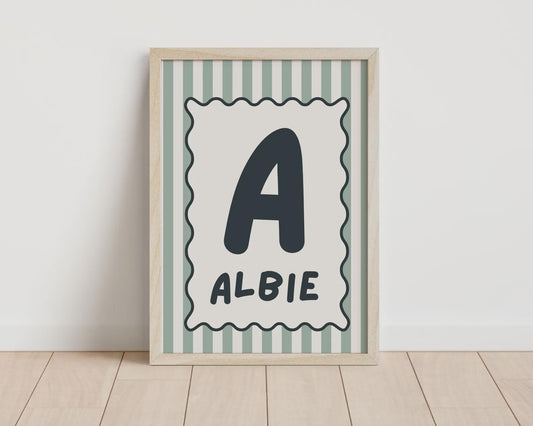 boys personalised scallop green name wall print design for bedroom or nursery