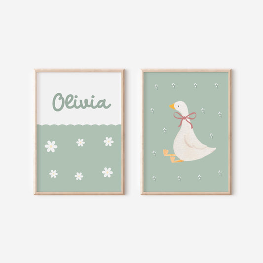 girls personalised green floral scallop daisy and whimiscal goose wall print set for bedroom or nursery