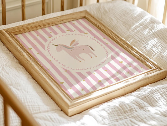 scallop border unicorn print for girls bedroom, nursery or playroom, pink unicorn striped print