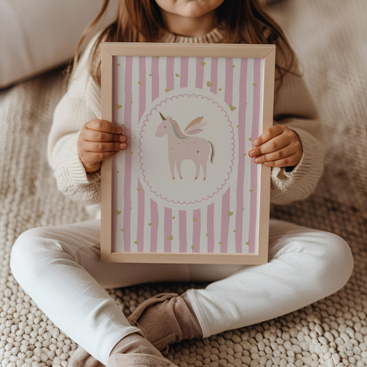 scallop border unicorn print for girls bedroom, nursery or playroom, pink unicorn striped print