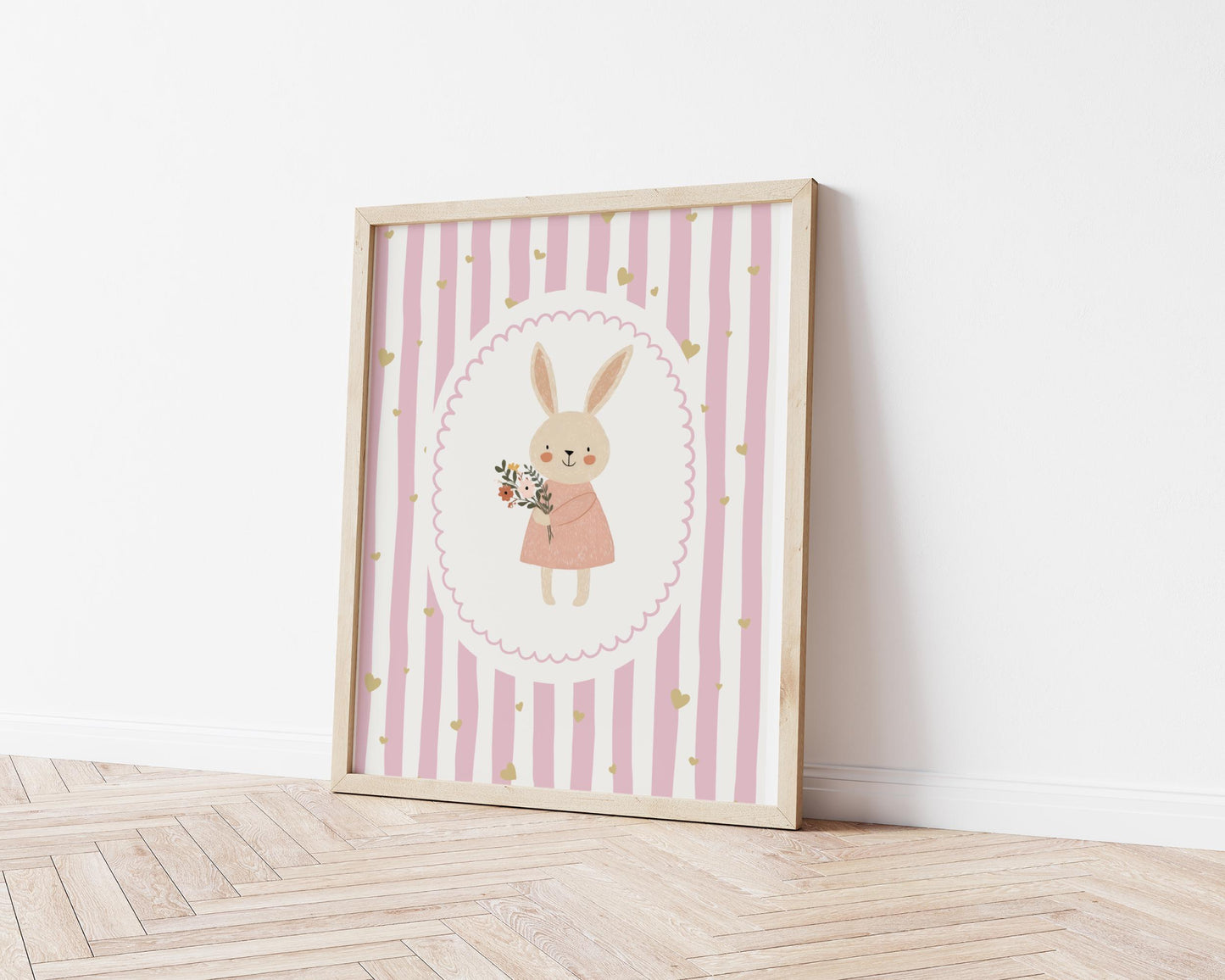 Pink bunny nursery print, cure rabbit wall art for girls bedroom or playroom