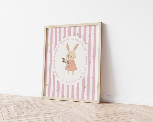 Pink bunny nursery print, cure rabbit wall art for girls bedroom or playroom
