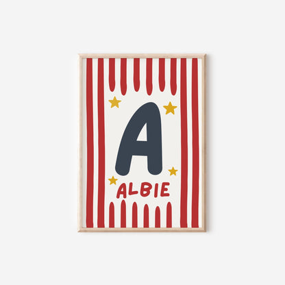 Childrens scandi striped star personalised name print for bedroom or nursery
