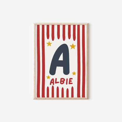 Childrens striped star personalised name print for bedroom or nursery