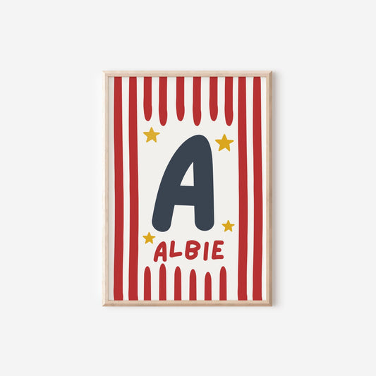 Childrens striped star personalised name print for bedroom or nursery