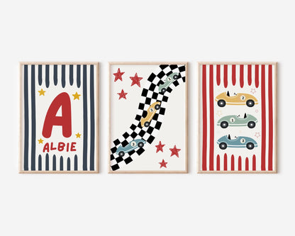childrens personalised racing car prints for boys bedroom or nursery