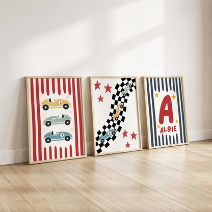 childrens personalised racing car prints for boys bedroom or nursery