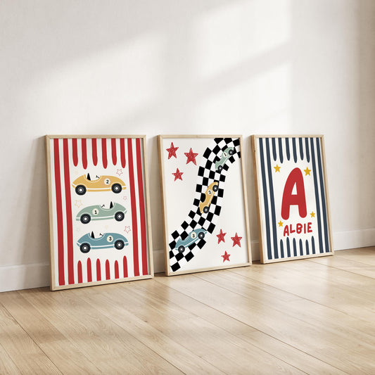 childrens personalised racing car prints for boys bedroom or nursery