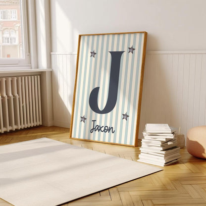 Personalised Name Print, Retro striped Stars, Boys Nursery Decor