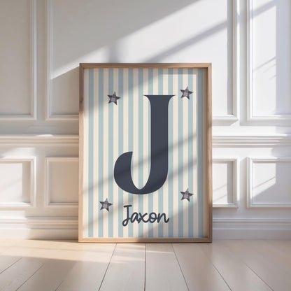 Personalised Name Print, Retro striped Stars, Boys Nursery Decor