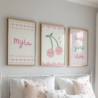 personalised girls cool club set of 3,  happy cherry wall art set, girls room decor