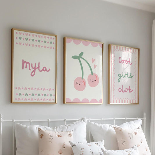personalised girls cool club set of 3,  happy cherry wall art set, girls room decor