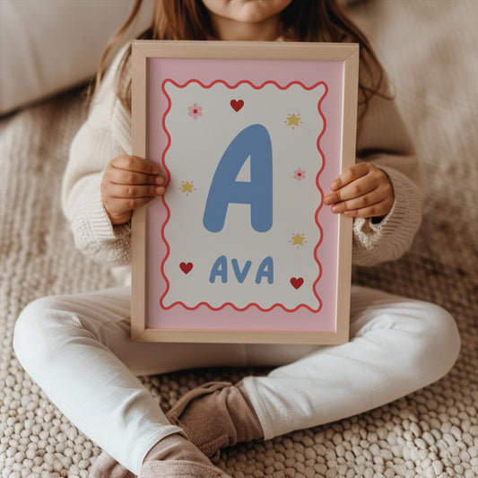 girls bright preppy personalised wall print for bedroom, nursery or playroom