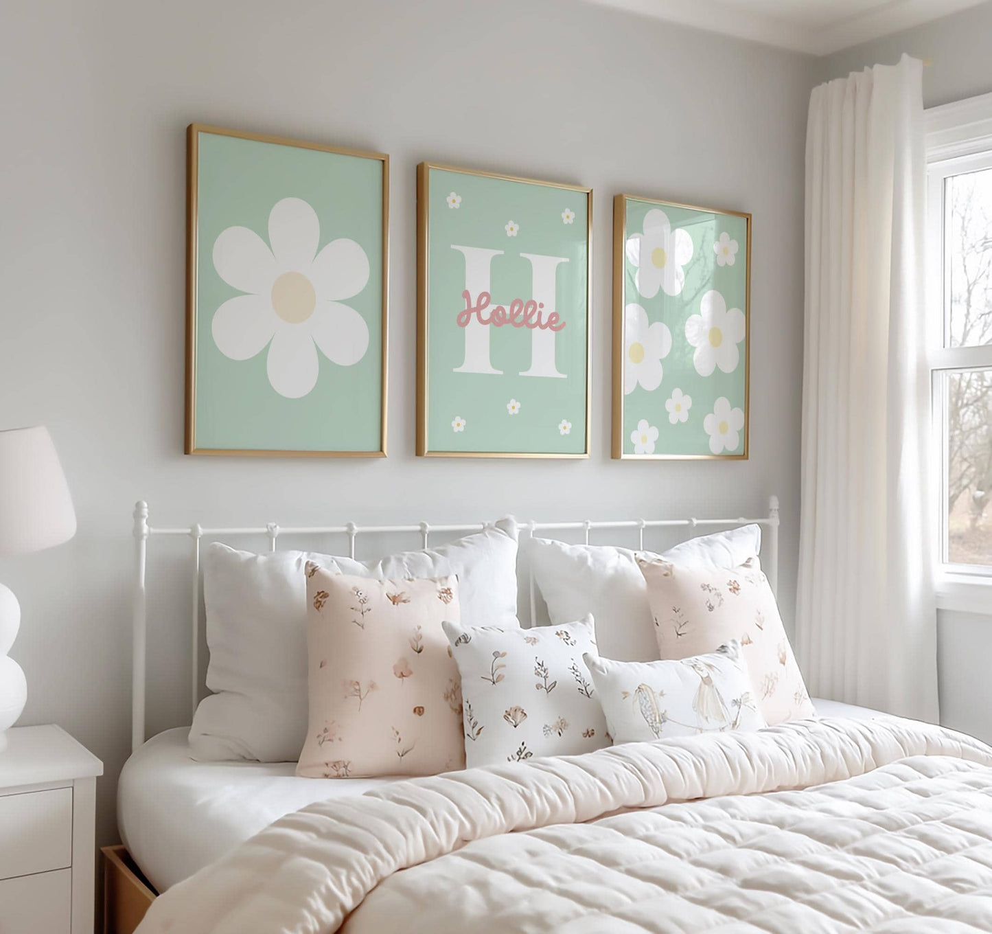Personalised green Daisy Wall Art Prints, Girls Nursery Decor, Set of 3