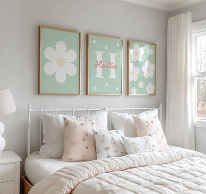 Personalised green Daisy Wall Art Prints, Girls Nursery Decor, Set of 3