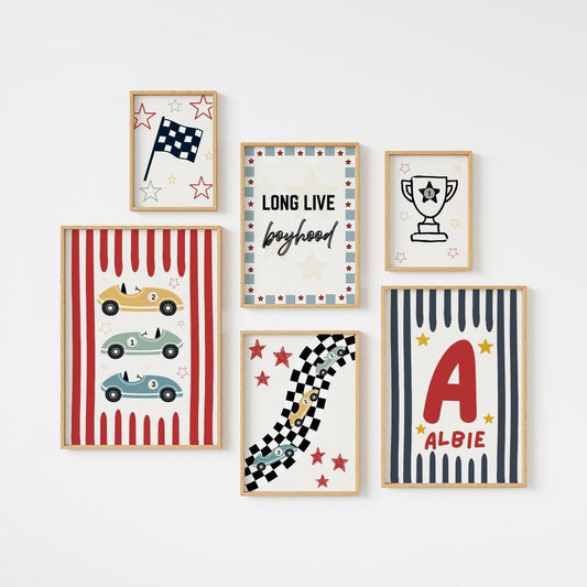 Personalised Kids Gallery Wall Art, racing car boys wall print set