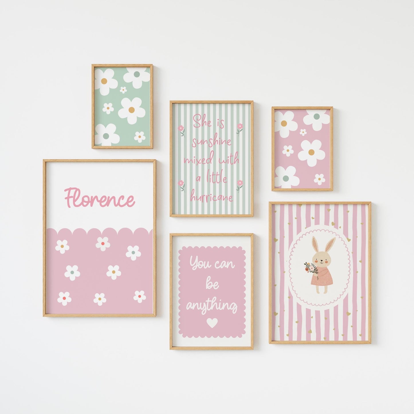set of personalised floral pink gallery wall prints for girls bedroom, playroom or nursery