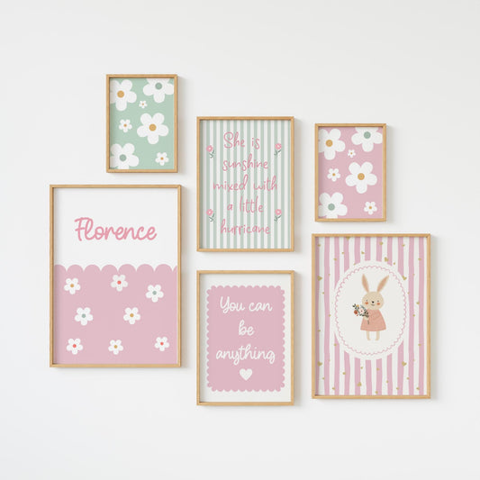 set of personalised floral pink gallery wall prints for girls bedroom, playroom or nursery