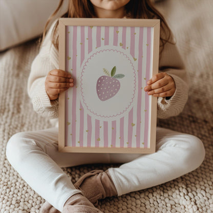 Pink strawberry nursery print, cute strawberry wall art for girls bedroom or playroom