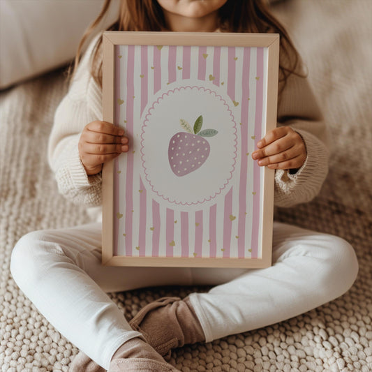 Pink strawberry nursery print, cute strawberry wall art for girls bedroom or playroom
