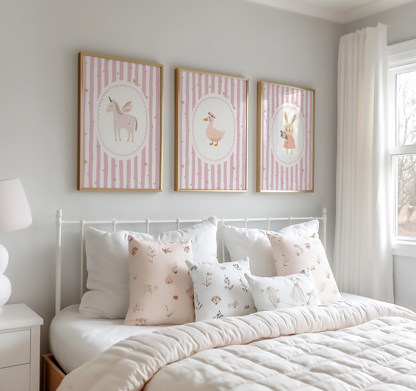 Girls pink whimiscal bunny/goose/unicorn Wall Art Prints, Girls Nursery Decor, Set of 3