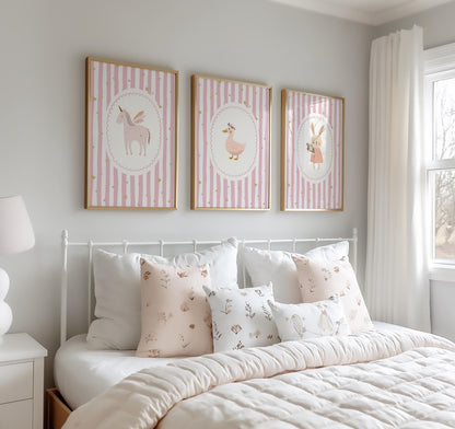 Girls pink whimiscal bunny/goose/unicorn Wall Art Prints, Girls Nursery Decor, Set of 3