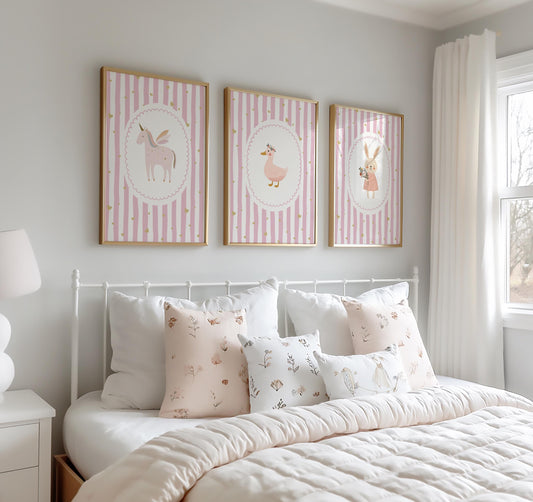 Girls pink whimiscal bunny/goose/unicorn Wall Art Prints, Girls Nursery Decor, Set of 3