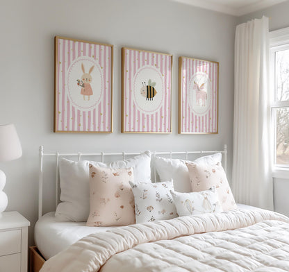 Girls pink whimiscal bunny/bee/unicorn Wall Art Prints, Girls Nursery Decor, Set of 3