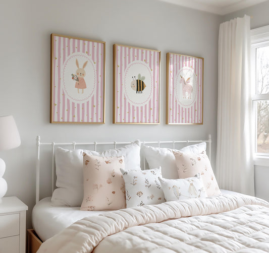 Girls pink whimiscal bunny/bee/unicorn Wall Art Prints, Girls Nursery Decor, Set of 3