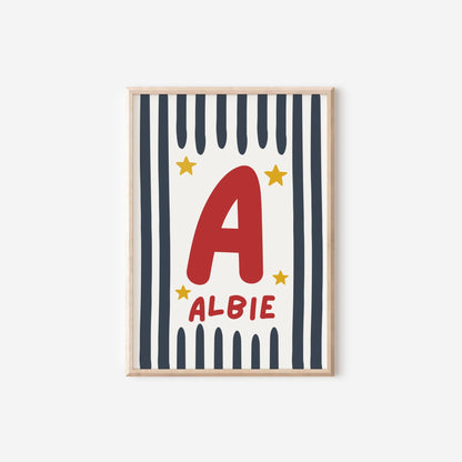 Childrens striped star personalised name print for bedroom or nursery